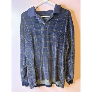 Vtg Chereskin Blue Velour Plaid Textured Knit Long Sleeve Polo Shirt Mens‎ XL